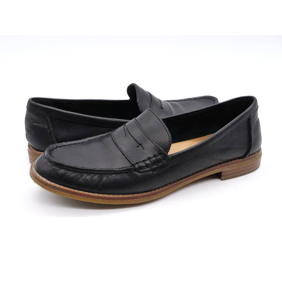 Sperry Penny Loafers Women 8 Black Leather Slip On Casual Moc Toe Shoe Top Sider - Picture 1 of 12